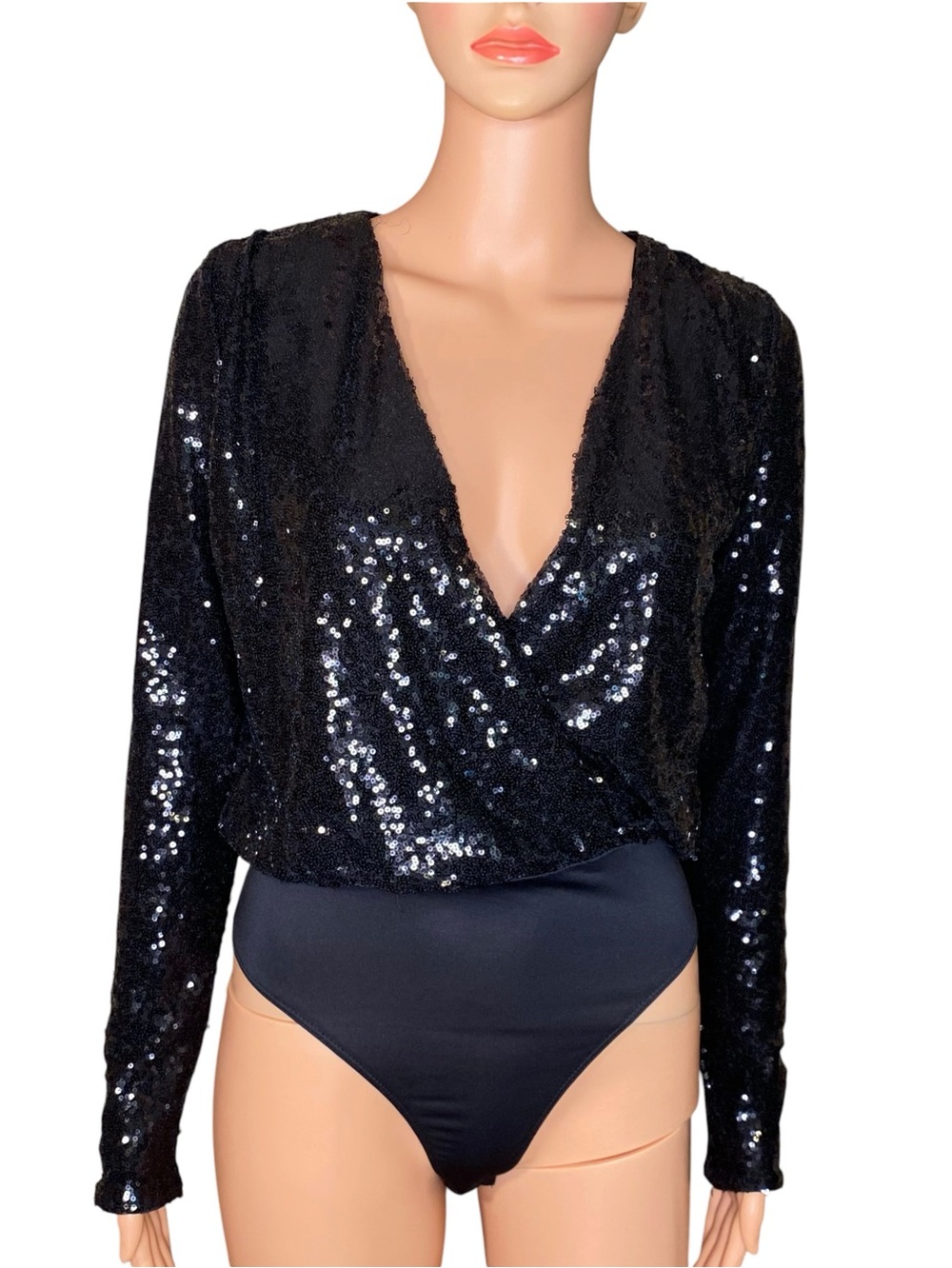 H&M Black Sequin Bodysuit Wrap-Front Long Sleeve Glam Fitted Deep V Neck SZ XS